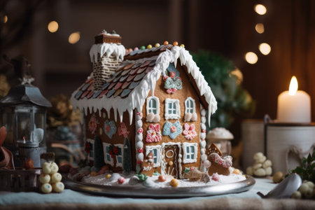 festive gingerbread house, filled with miniature pastries and sweets, created with generative aiの素材