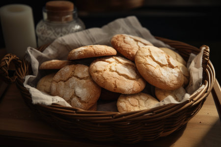 basket of freshly baked cookies, sprinkled with sugar and ready to be enjoyed, created with generative aiの素材