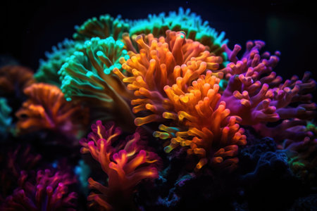 close-up of colorful and fluorescent underwater flora, created with generative aiの素材