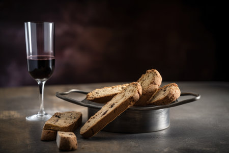 tin of freshly baked biscotti, paired with glass of wine, created with generative aiの素材