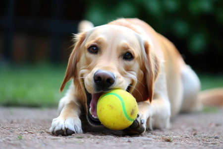 dog whos having fun with new ball toy, shaking and rolling it around, created with generative aiの素材