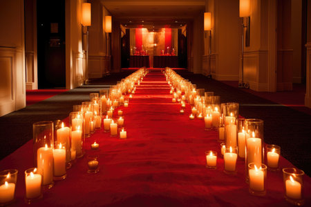 red carpet surrounded by lit candles, creating warm and welcoming setting, created with generative aiの素材