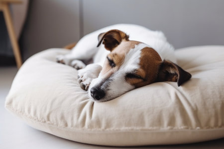 portrait of happy dog sleeping on soft cushion with his tail wagging, created with generative aiの素材