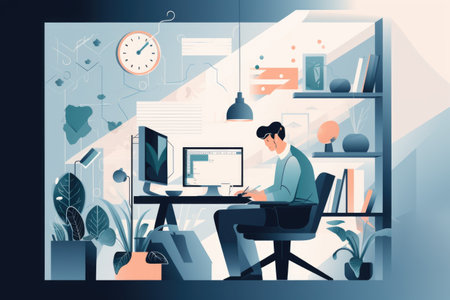 working from home, surrounded by the hustle and bustle of a bustling marketplace, created with generative aiの素材