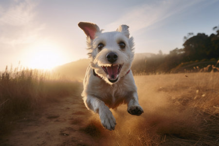 portrait of happy dog running at sunrise, with wispy clouds in the sky, created with generative aiの素材