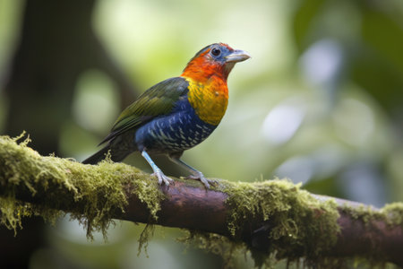 colorful bird perched on tree branch, with view of forest canopy, created with generative aiの素材