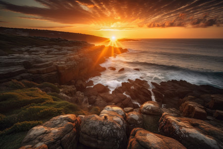 spectacular sunrise, with the sun peeking above the horizon and illuminating a rugged coastline, created with generative aiの素材
