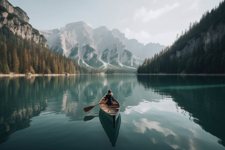 person, paddling through calm lake, surrounded by majestic mountains, created with generative aiの素材