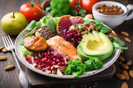 a plate with a mix of different healthy and nutritious meal options, created with generative aiの素材