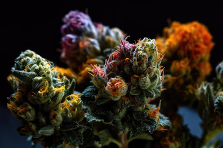 close-up of medical marijuana buds, with their distinct colors and textures, created with generative aiの素材