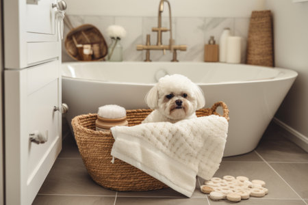 luxury bathroom with plush towels, bathtub and a basket of pet toys, created with generative aiの素材