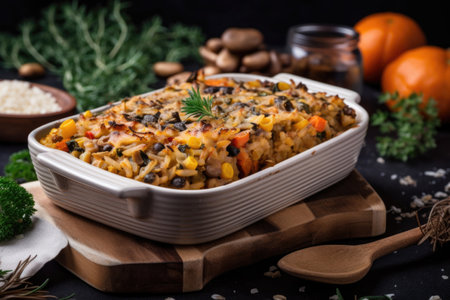 plant-based and vegan casserole, full of vegetables and legumes, created with generative aiの素材