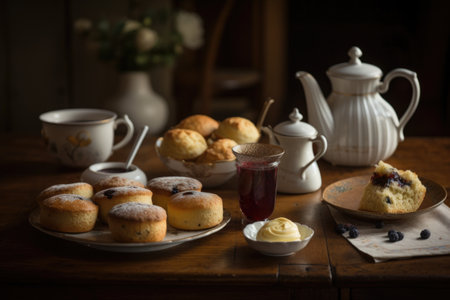 tea-time scene, with scones and muffins on table, and teapot in the background, created with generative aiの素材