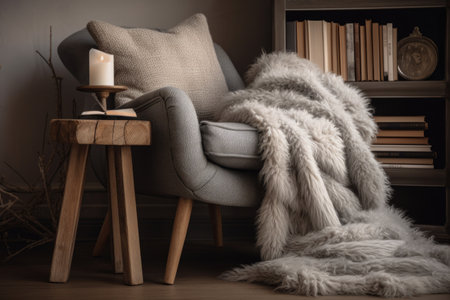 cozy reading nook with plush armchair, furry blanket, and stack of books, created with generative aiの素材