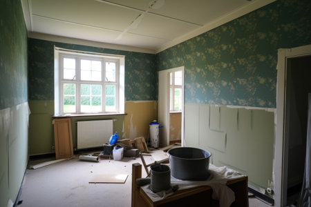 a small room with freshly painted walls, ready to be papered, created with generative aiの素材