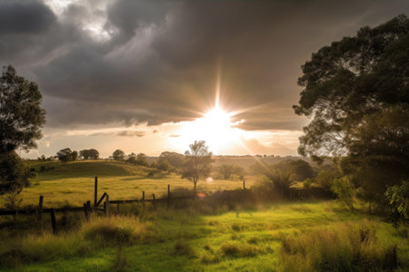 rural scene with sun peeking through the clouds, bringing rays of light, created with generative aiの素材