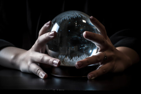 person, looking into crystal ball, trying to see the future, created with generative aiの素材