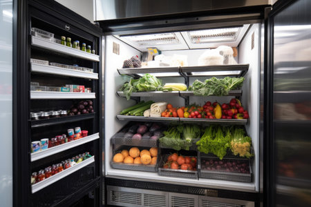 walk-in refrigerator with shelves stocked with fresh fruits, vegetables, and meats, created with generative aiの素材