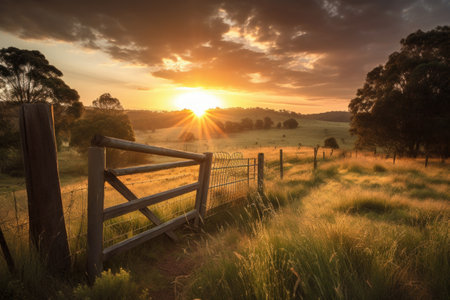 rural scene with sunset, showcasing the final rays of light on the horizon, created with generative aiの素材