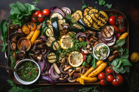 platter of grilled vegetables, herbs, and spices, created with generative aiの素材