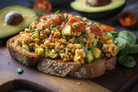 tofu scramble with vegetable mix and avocado on toast, created with generative aiの素材