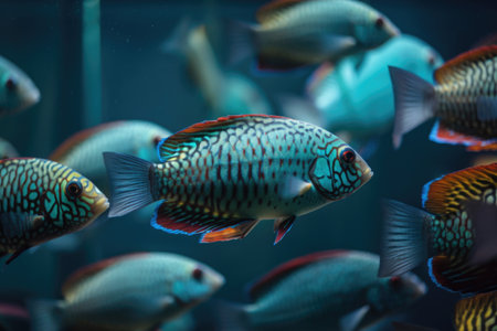 tropical fish swimming in a school, with their scales and fin movements visible, created with generative aiの素材