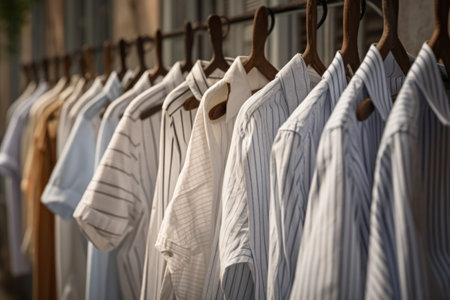 a row of freshly-washed shirts, fluttering in the breeze, created with generative aiの素材