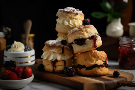 scone tower, stacked high with scones and toppings, created with generative aiの素材