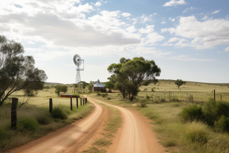 rural road, with windmill and greenery in the background, created with generative aiの素材