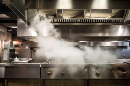 ventilation and exhaust system in the kitchen of a restaurant, with smoke and steam escaping from the hood, created with generative aiの素材