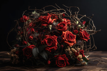 a red rose bouquet bursting with petals and thorns, created with generative aiの素材