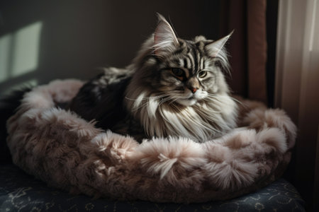 luxurious cat bed with soft fur and velvet pillow on top, created with generative aiの素材