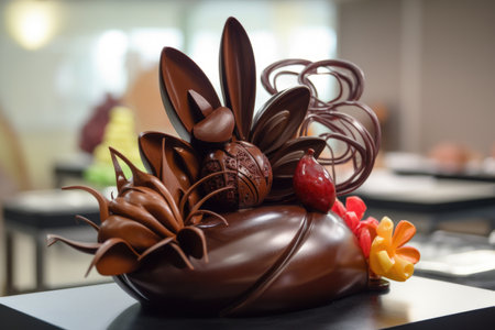 chocolate sculpture of a delicate flower, with fruit and vegetables in the background, created with generative aiの素材