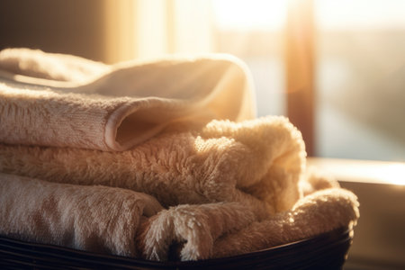 close-up of warm and fluffy towels, with the sun shining behind them, created with generative aiの素材