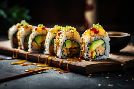 sushi roll with avocado and sweet chili sauce, created with generative aiの素材