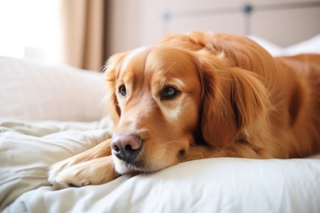 portrait of happy dog resting on top of comfy pillow, with peaceful gaze, created with generative aiの素材