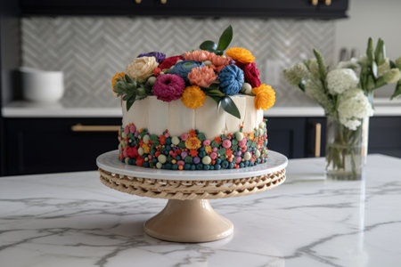 decorative cake on a marble stand, with pops of color, created with generative aiの素材