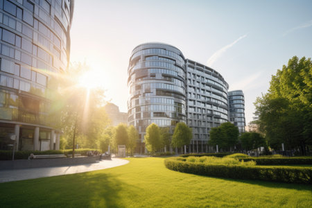 modern office building with view of the city skyline, surrounded by green park, created with generative aiの素材