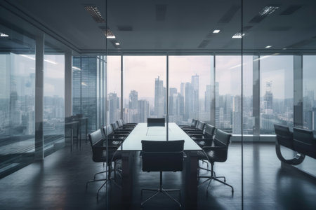 office, with view of busy cityscape, for virtual meeting, created with generative aiの素材