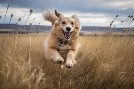 portrait of happy dog jumping in field with windblown fur, created with generative aiの素材