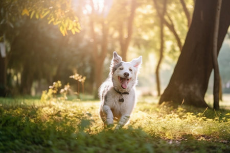 portrait of happy dog playing in park, with leafy trees and sunshine in the background, created with generative aiの素材