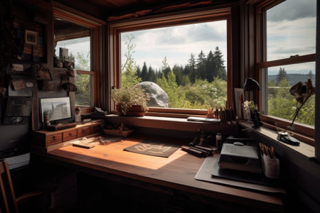 decluttered workspace with clear view of inspiring natural scenery, created with generative aiの素材
