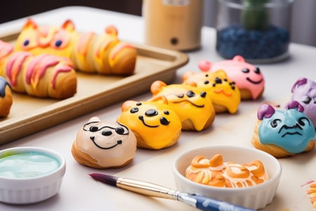 cute cartoon character decorating croissants with colorful frosting, created with generative aiの素材
