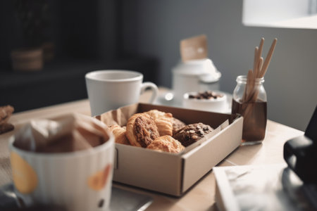 coffee break ritual in office, with mug of hot coffee and box of pastries, created with generative aiの素材