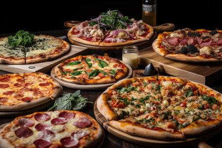 collection of pizzas, each topped with different cheeses, meats, and vegetables, created with generative aiの素材