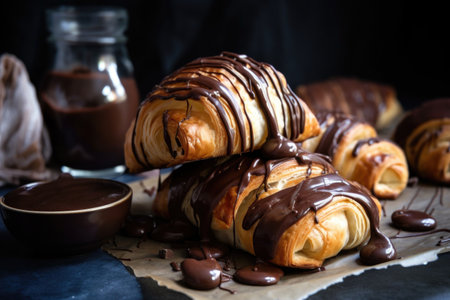 homemade croissants, filled with chocolate and hazelnut ganache, drizzled in chocolate sauce, created with generative aiの素材