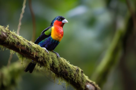 colorful bird perched on branch with view of the forest, created with generative aiの素材