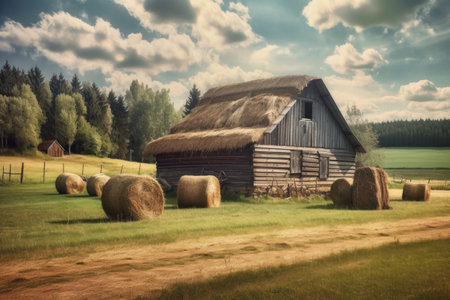 rural background with old wooden barn and bales of hay, created with generative aiの素材