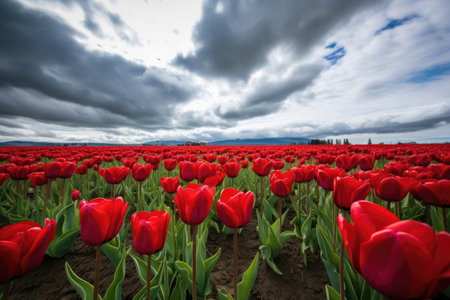 a field of vibrant red tulips against a cloudy sky, created with generative aiの素材