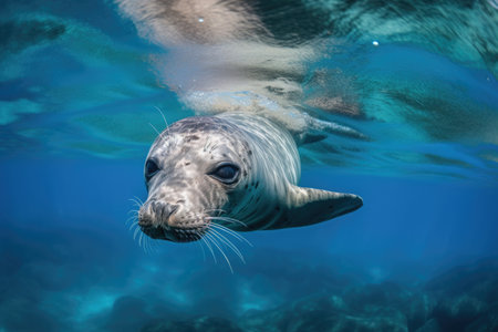 marine mammal swimming in clear blue water, created with generative aiの素材